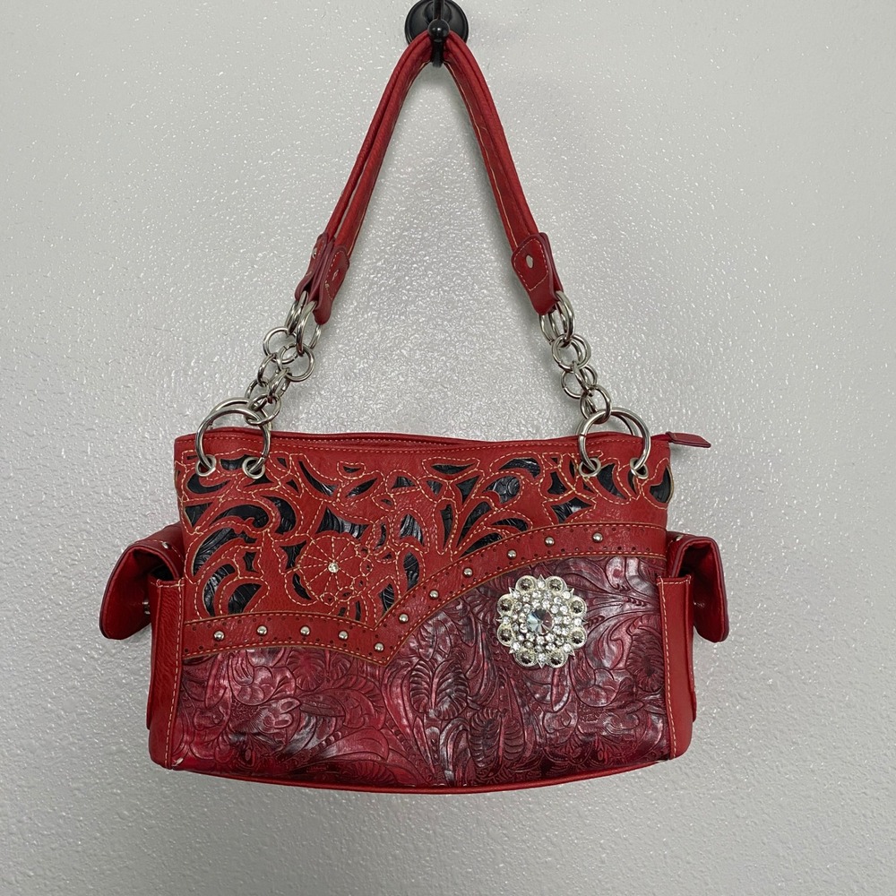 Y2K Red Western Shoulder Bag Vegan Leather Chunky Studded Country Cowgirl Boho